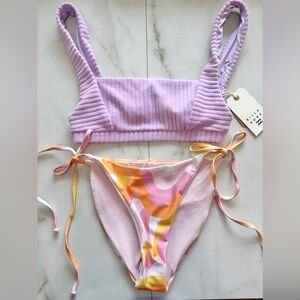 Nwt Billabong FunBoy Barbie Lilac Terry Halter Multicolor Retro Bikini Set